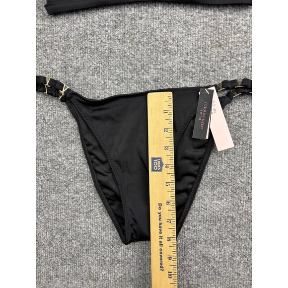 Victorias Secret Bikini Swimsuit Womens Medium Black Triangle Top Bottom Gold V - Picture 6 of 9